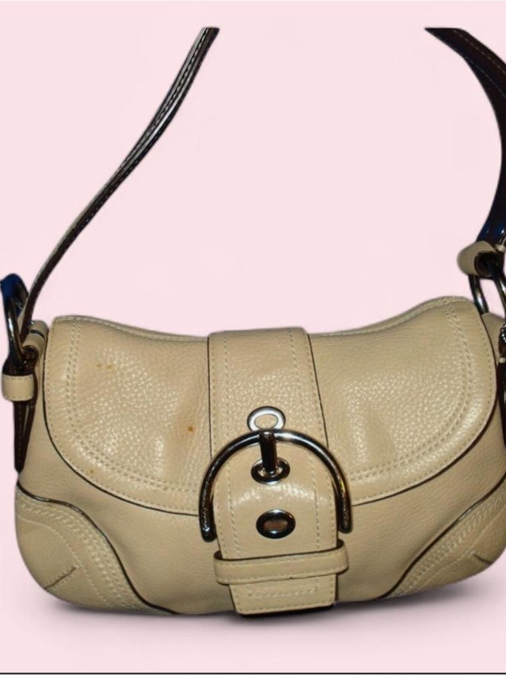 Coach Beige Pebbled Leather Shoulder Bag with Buckle Detail